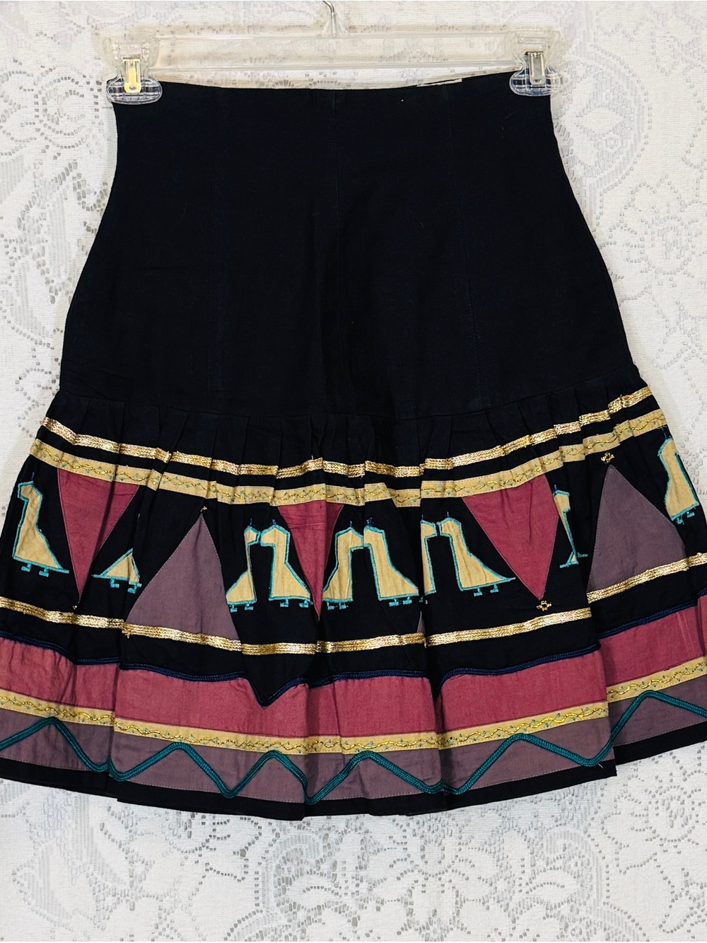 Vintage Black Boho Tiered Skirt with Multicolor Embroidered Trim Size M